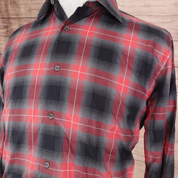 Bugatchi Shirt Mens Large Plaid Button Up Long Sleeve Shaped Fit Dress Casual - Picture 2 of 11
